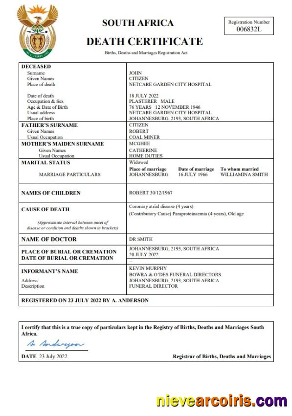 South Africa death certificate